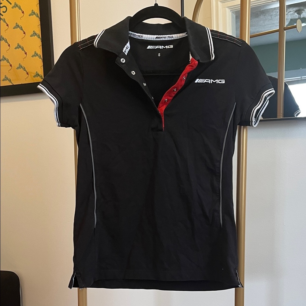 Mercedes AMG Petronas Women's Black Polo with Red Placket and White Piping